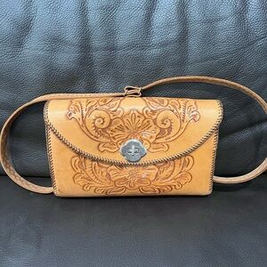 Floral Embossed Tan Leather Crossbody Bag